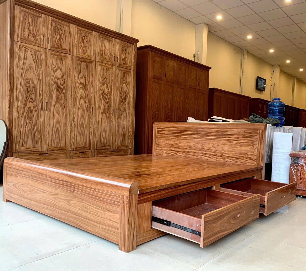 Giường Ngủ Gỗ Hương Xám 1m8 Ô Kéo GN78