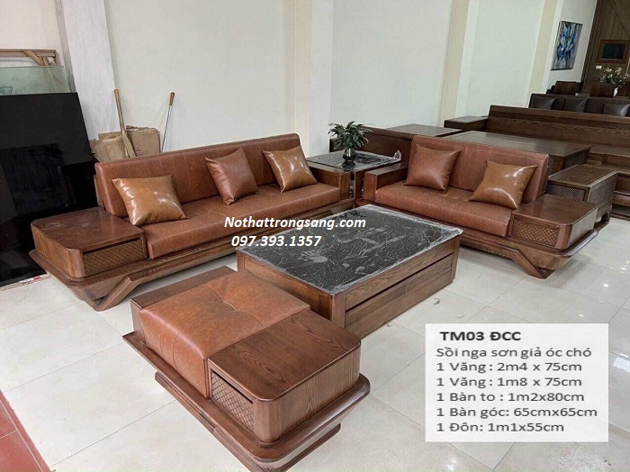 Bộ Sofa Góc Gỗ Sồi Nga Pu Màu Óc Chó - Mẫu Chân Thuyền BG23